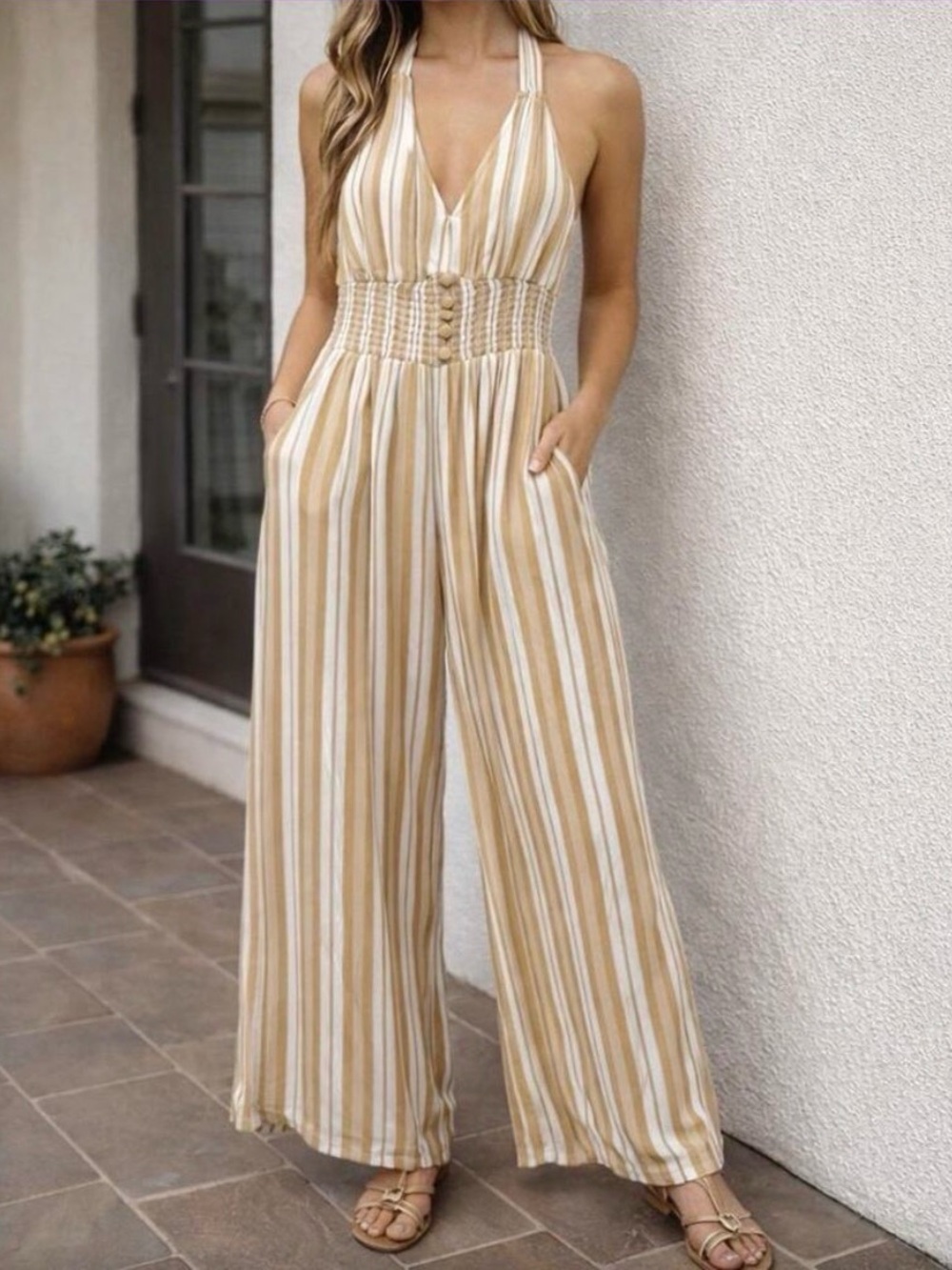 American Eagle Outfitters Striped Halter Wide-Leg Jumpsuit in Tan & White